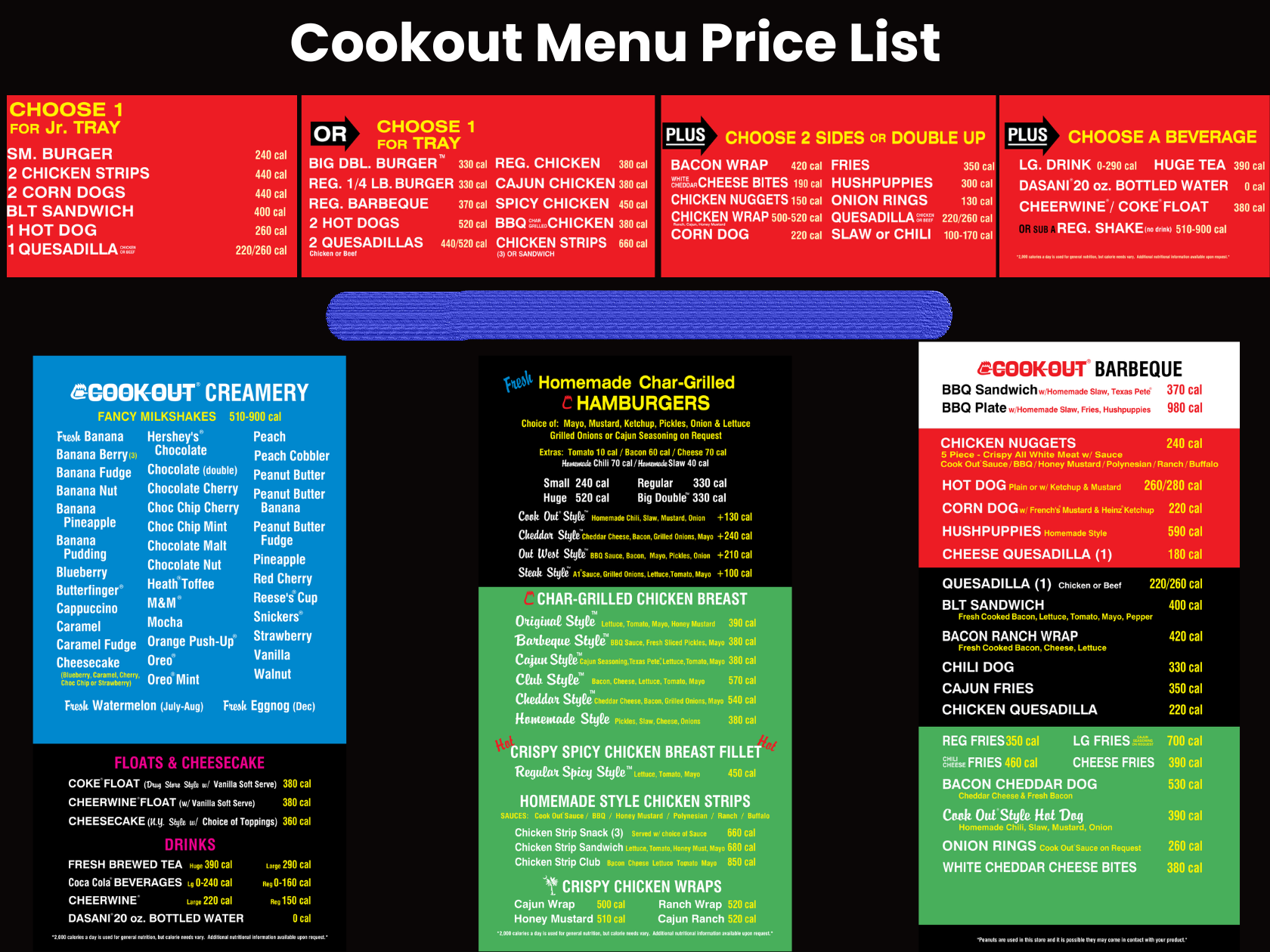 Cookout menu price list 2026 with trays, burgers, milkshakes, chicken, BBQ, sides and drinks